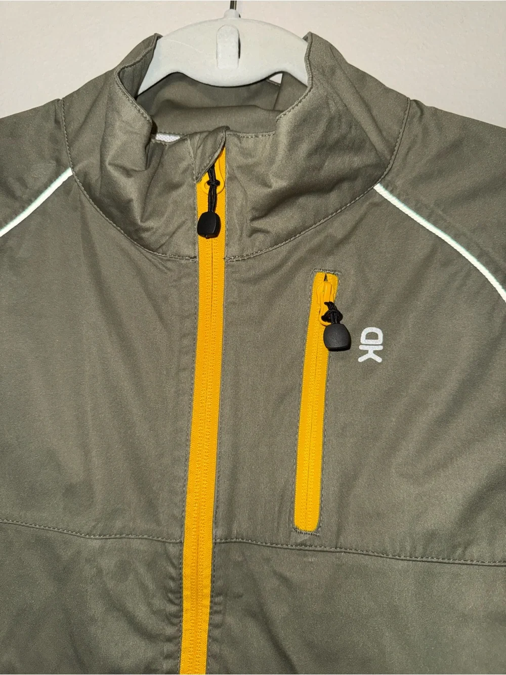 Athletic Olive Green Lightweight Windbreaker Jacket with Yellow Zipper